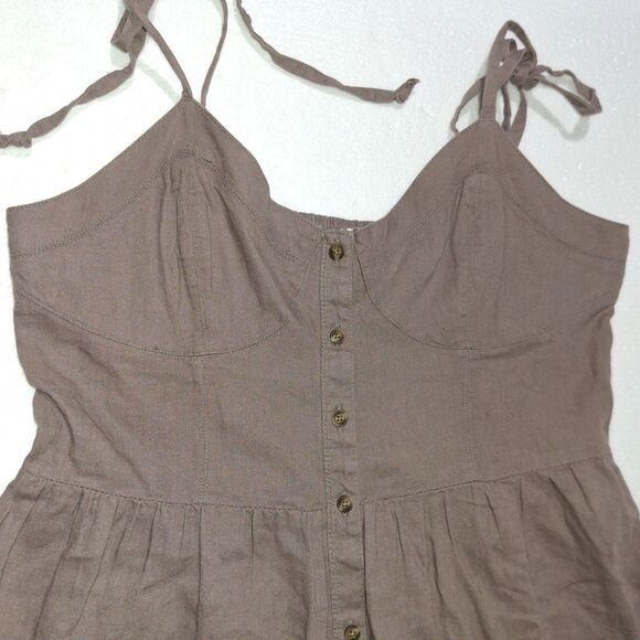 Aerie Brown Linen Blend Tie Shoulder Corset Button Front Short Sundress SZ Small - Picture 3 of 13